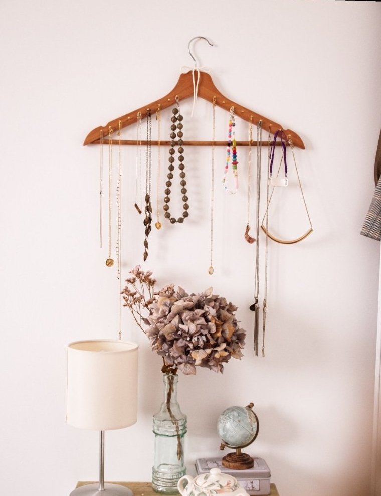 Upcycled necklace organizers and side table decor