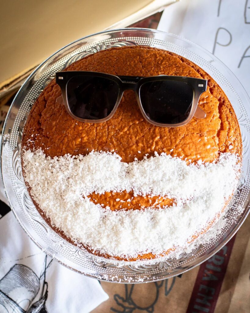 Cake with coconut flakes moustache